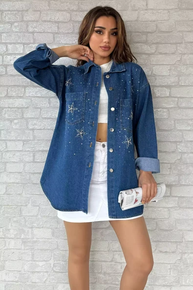 Lacivert Çift Cepli Taşlı Kot Jean Ceket - 2