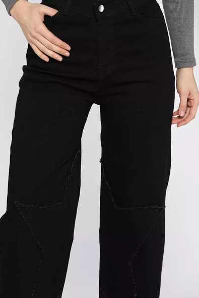 Siyah Kadın Yüksek Bel Püskül Detaylı Bol Paça Kot Jean Pantolon - 4