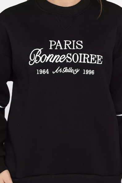 Siyah Kadın Üç İplik Şardonlu Nakışlı Sweatshirt - 4