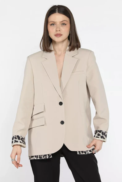 Taş Kadın Astarlı Leopar Detaylı Oversize Blazer Ceket - 1
