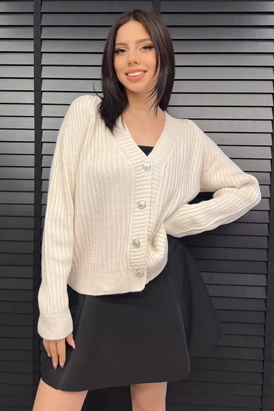 Krem Kadın Örme Triko Hırka - 1