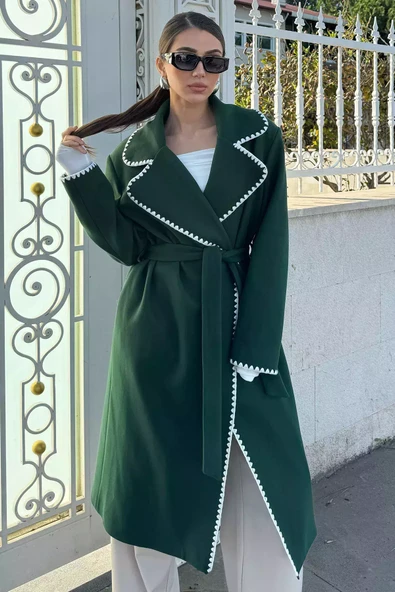 Zümrüt Yeşili Astarlı Bel Kuşaklı Kadın Kaşe Kaban - 1