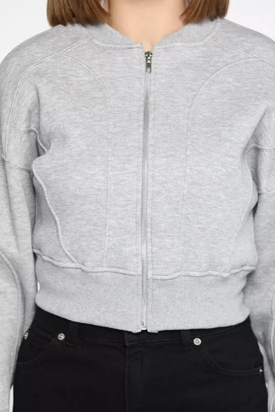 Gri Fermuarlı Crop Top Sweatshirt - 4