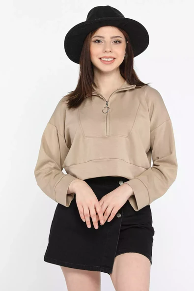 Bej Oysho Kumaş Fermuar Detaylı Kadın Crop Top Sweatshirt - 2