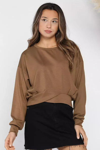 Kahve Kadın Bisiklet Yaka Pile Detaylı Sweatshirt - 1