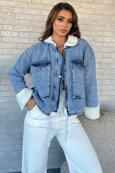 Buzmavisi Kadın Yaka Ve Kol Peluş Detaylı Kot Jean Ceket - 2