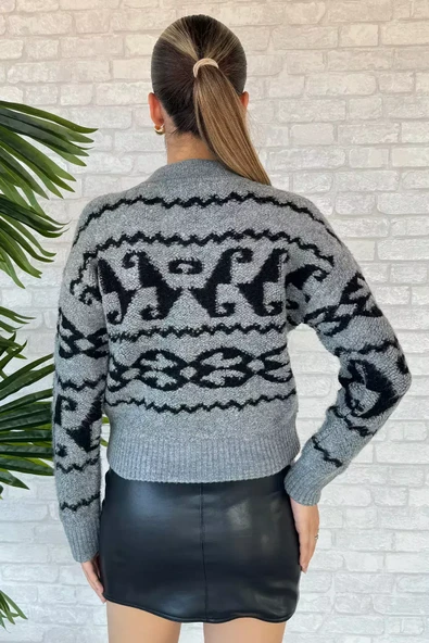Grisiyahlı Desenli Fermuarlı Triko Hırka - 4