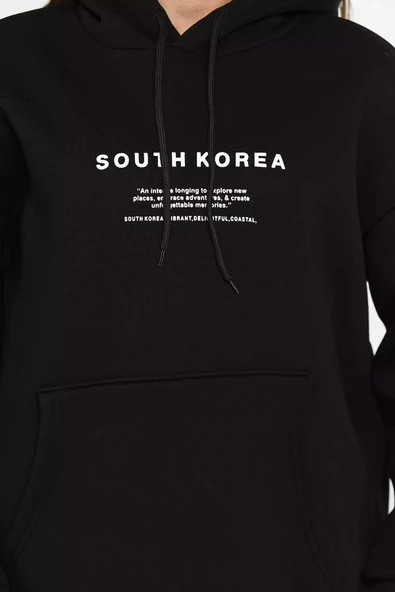 Siyah Kapüşonlu Şardonlu Yazı Baskılı Kadın Sweatshirt - 4