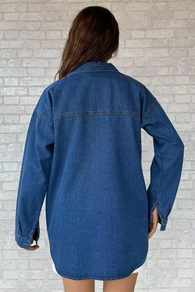 Lacivert Çift Cepli Taşlı Kot Jean Ceket - 4