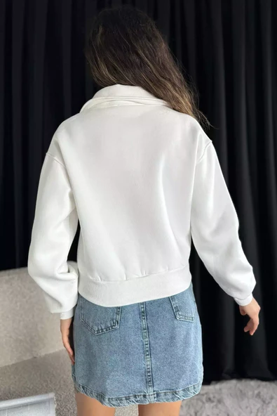 Krem Polo Yaka Şardonlu Kadın Sweatshirt - 3