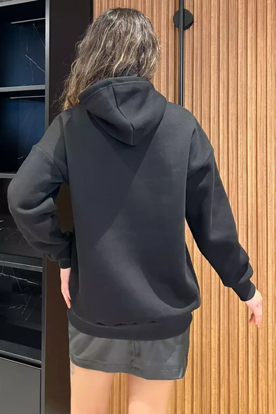 Siyah Baskılı Kanguru Cepli Kadın Sweatshirt - 4