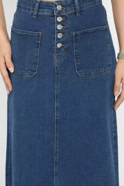 Koyumavi Ön Ve Arka Cepli Püsküllü Jean Kot Etek - 4