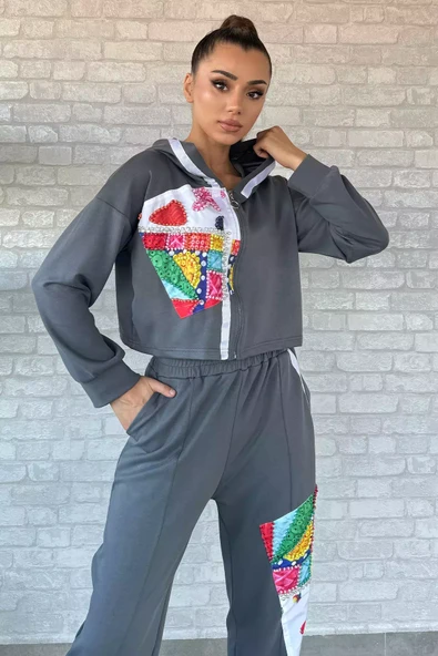 Gri Dijital Baskılı Sweat Pantolon Eşofman Takımı - 2