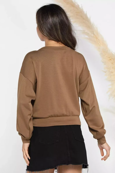 Kahve Kadın Bisiklet Yaka Pile Detaylı Sweatshirt - 3