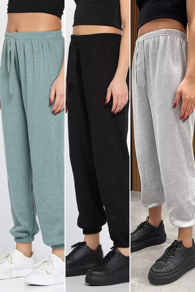 Siyah-gri-mint Fitilli Paça Lastikli 3 Lü Pantolon - 1