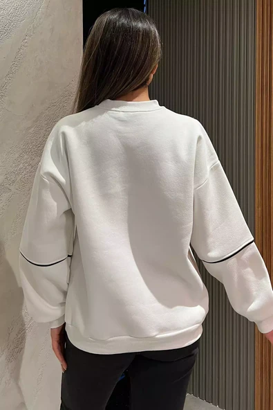 Beyaz Kadın Üç İplik Şardonlu Nakışlı Sweatshirt - 4