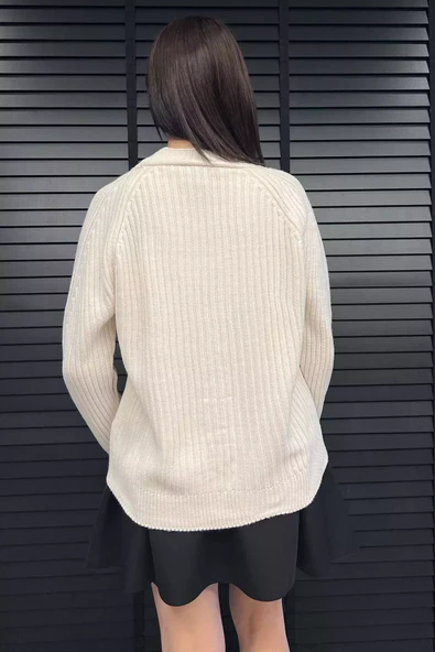 Krem Kadın Örme Triko Hırka - 4