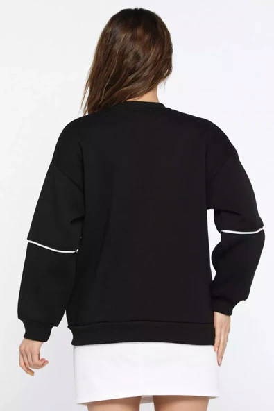 Siyah Kadın Üç İplik Şardonlu Nakışlı Sweatshirt - 3