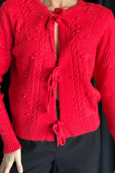 Kırmızı Kadın Örgü Desenli Bağlamalı Triko Ceket - 3