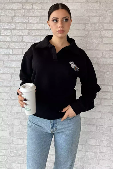 Siyah Kadın Polo Yaka Baskılı Şardonlu Sweatshirt - 2
