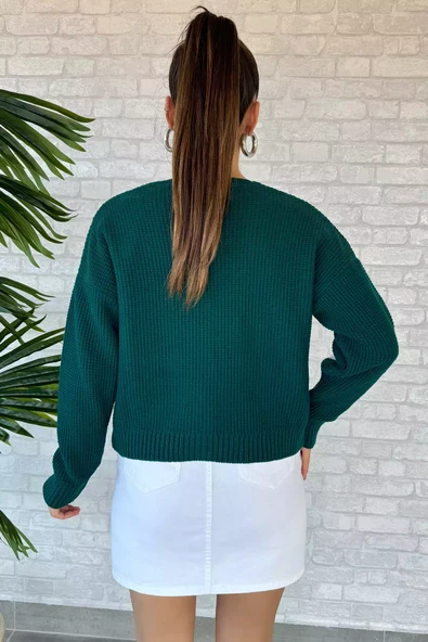 Zümrüt Yeşili Kalp Nakışlı Triko Hırka - 3