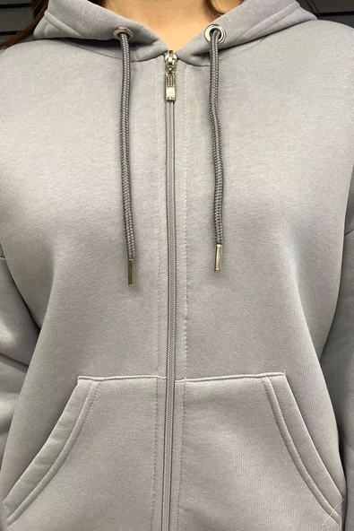 Gri Kapüşonlu Üç İplik Şardonlu Kadın Sweatshirt - 3