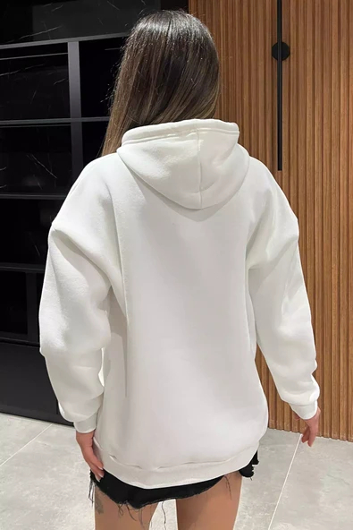 Beyaz Kapüşonlu Şardonlu Yazı Baskılı Kadın Sweatshirt - 4