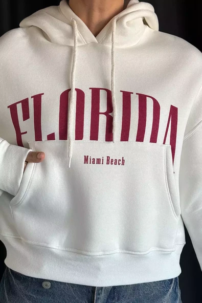 Beyaz Kapüşonlu Üç İplik Şardonlu Kadın Sweatshirt - 3