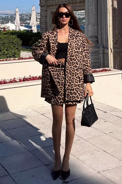 Leopar Desen Kadın Leopar Desen Oversize Astarlı Blazer Ceket