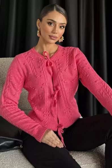 Pembe Kadın Örgü Desenli Bağlamalı Triko Ceket - 1