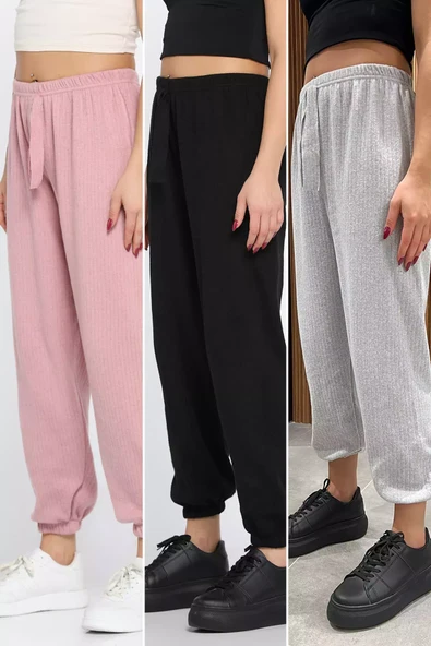 Siyah-gri-pudra Fitilli Paça Lastikli 3 Lü Pantolon - 1