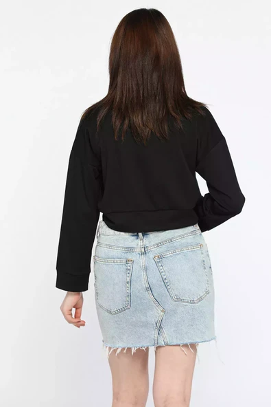 Siyah Oysho Kumaş Fermuar Detaylı Kadın Crop Top Sweatshirt - 4