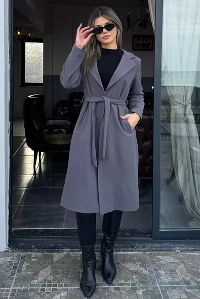 Füme Kadın Astarlı Kuşaklı Kaşe Kaban - 2