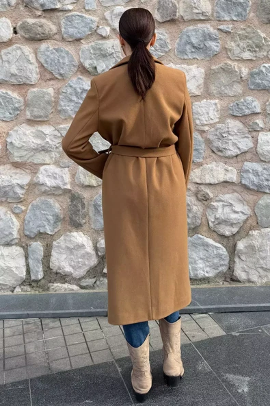 Camel Kadın Astarlı Kuşaklı Kaşe Kaban - 5