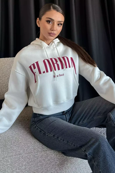 Beyaz Kapüşonlu Üç İplik Şardonlu Kadın Sweatshirt - 2