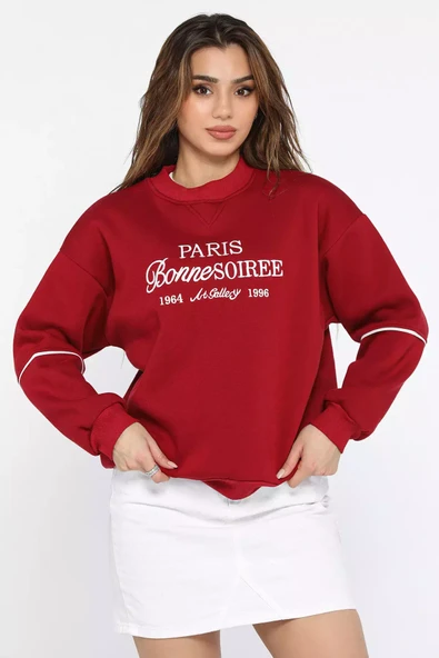Bordo Kadın Üç İplik Şardonlu Nakışlı Sweatshirt - 1