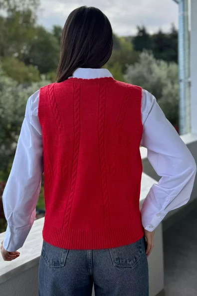 Kırmızı Kadın Örgü Desenli Bağlamalı Triko Yelek - 4