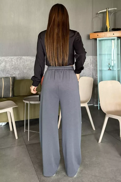 Füme Kadın Yüksek Bel Yazı Baskılı Çimalı Bol Paça Pantolon - 4