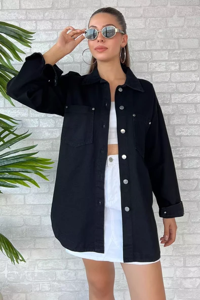 Siyah Çift Cepli Kot Jean Ceket - 1