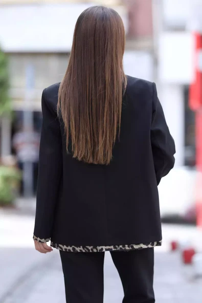 Siyah Kadın Astarlı Leopar Detaylı Oversize Blazer Ceket - 3