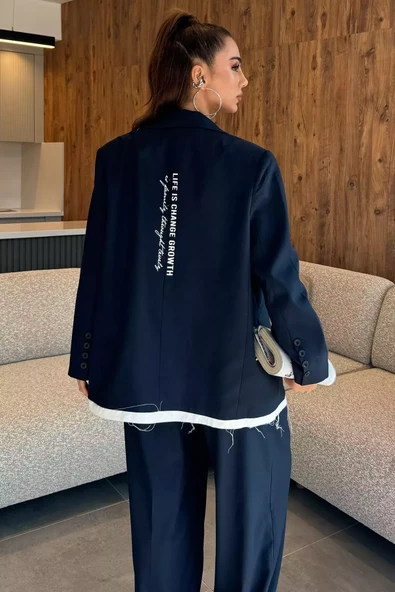 Lacivert Kadın Astarlı Oversize Arka Yazılı Blazer Ceket - 3
