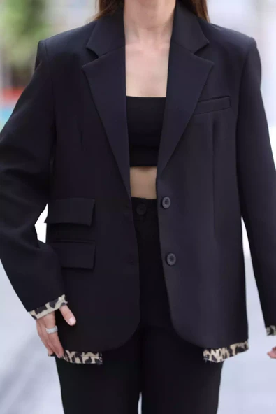 Siyah Kadın Astarlı Leopar Detaylı Oversize Blazer Ceket - 2