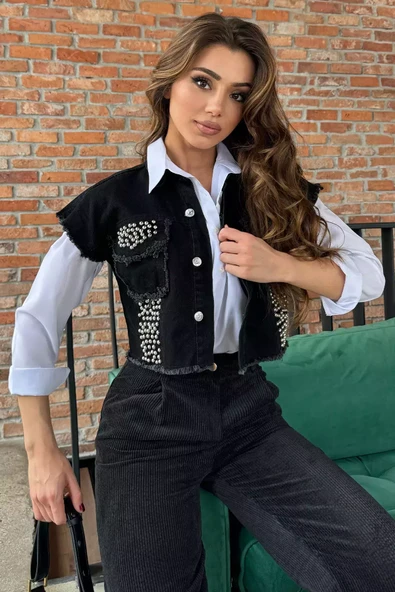 Siyah Kadın Püsküllü Zımba Detaylı Kot Jean Yelek - 1