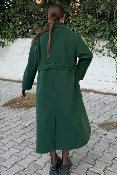 Zümrüt Yeşili Astarlı Bel Kuşaklı Kadın Kaşe Kaban - 4