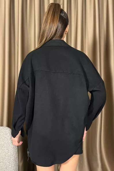 Siyah Kadın Oversize Kaşe Gömlek Ceket - 4