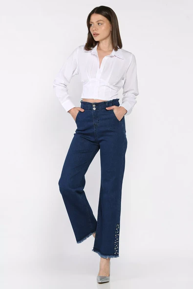 Lacivert Kadın Yüksek Bel Paça Püsküllü Taş Detaylı Likralı Jean Kot Pantolon - 3