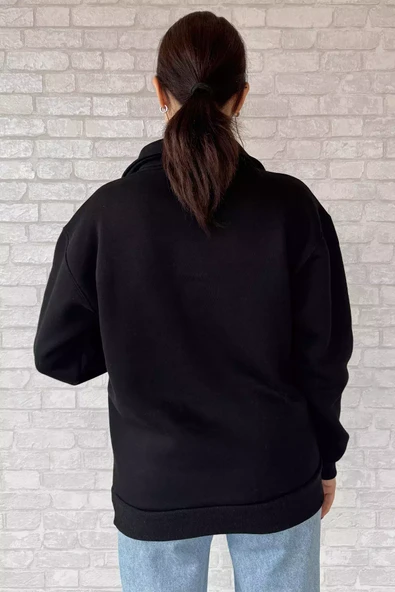 Siyah Kadın Polo Yaka Baskılı Şardonlu Sweatshirt - 4