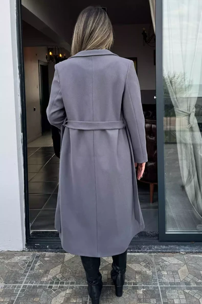 Füme Kadın Astarlı Kuşaklı Kaşe Kaban - 4