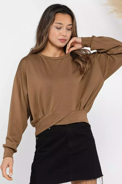 Kahve Kadın Bisiklet Yaka Pile Detaylı Sweatshirt - 2