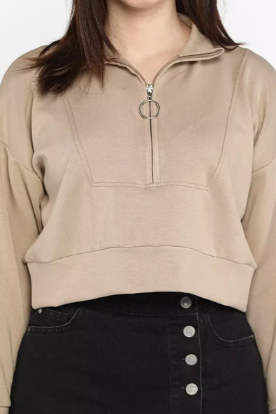 Bej Oysho Kumaş Fermuar Detaylı Kadın Crop Top Sweatshirt - 3